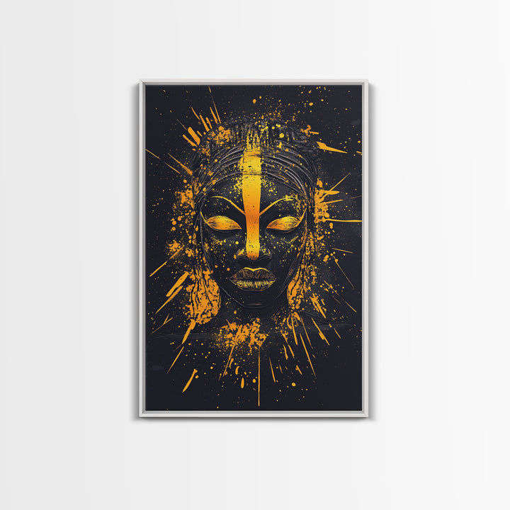 African Goddess Gold Canvas Print, Ethnic Wall Art, Real Wood Frame, Splatter Portrait Art, Bold Tribal Modern Decor