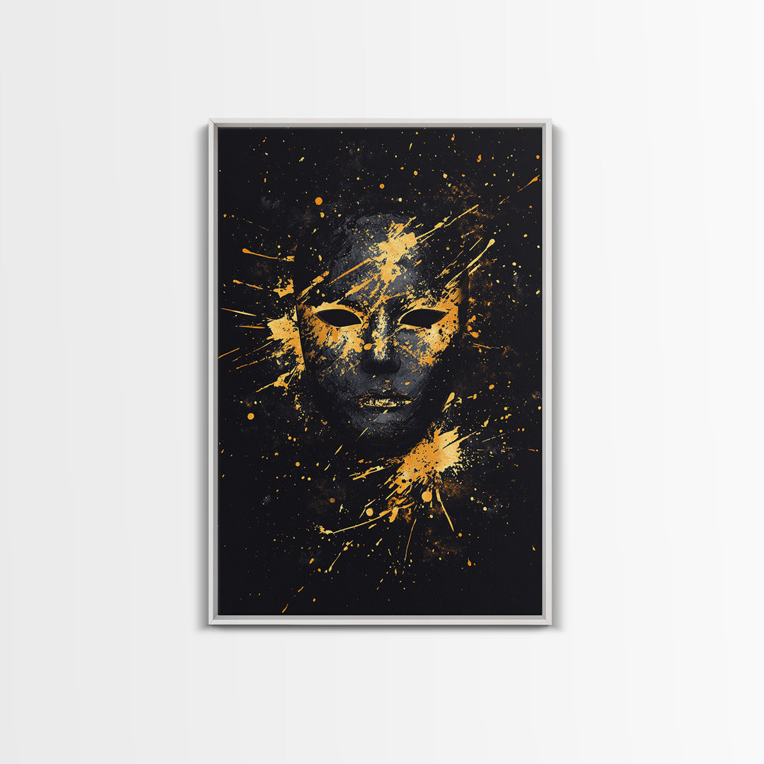 Mystical Face Gold Canvas Print, Tribal Mask Art, Real Wood Frame, Splatter Abstract Decor, Cultural Ethnic Wall Accent