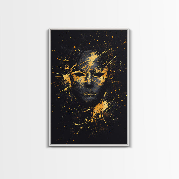 Mystical Face Gold Canvas Print, Tribal Mask Art, Real Wood Frame, Splatter Abstract Decor, Cultural Ethnic Wall Accent