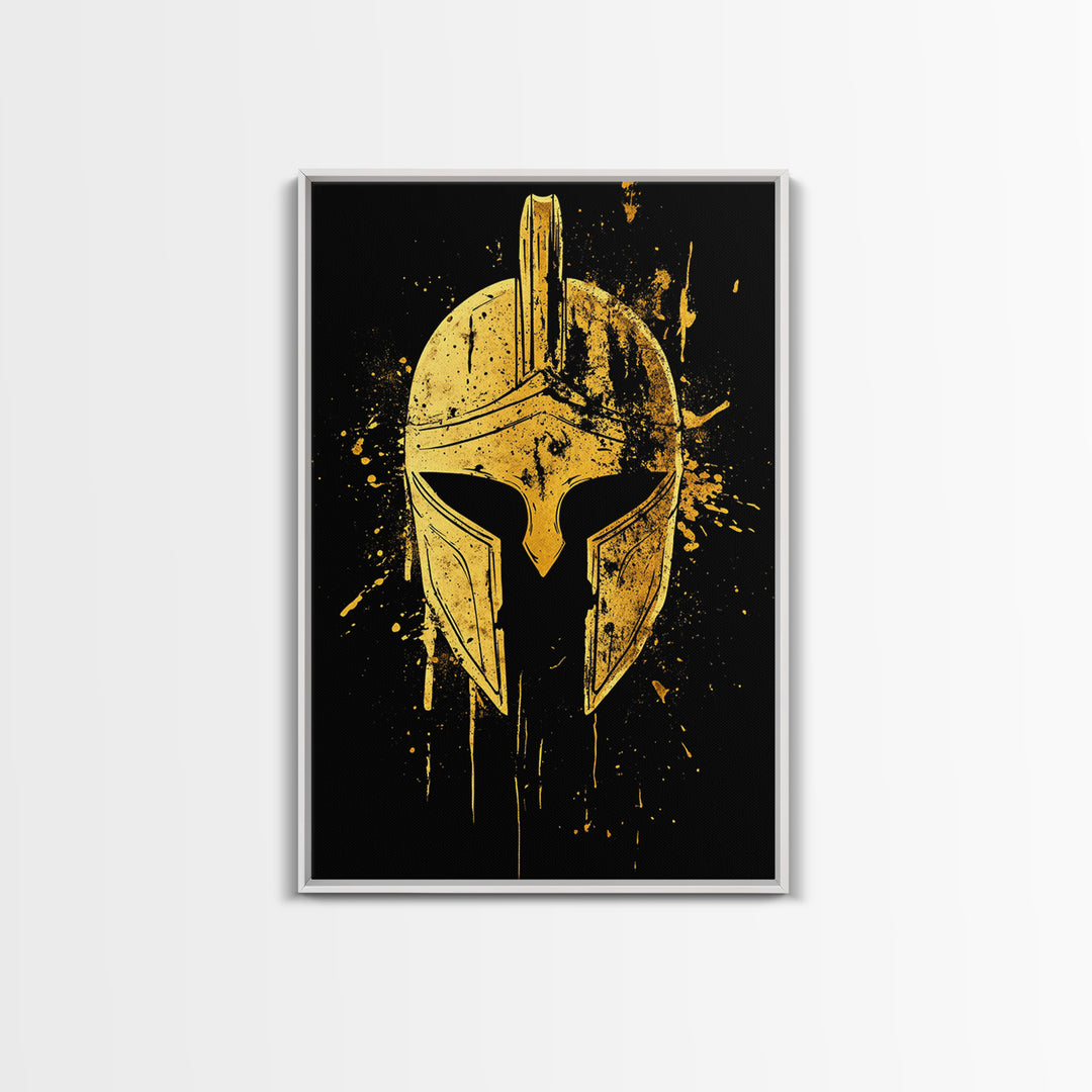 Spartan Helmet Gold Canvas Print, Warrior Wall Art, Real Wood Frame, Bold Historic Decor, Ancient Greek Inspired Artwork