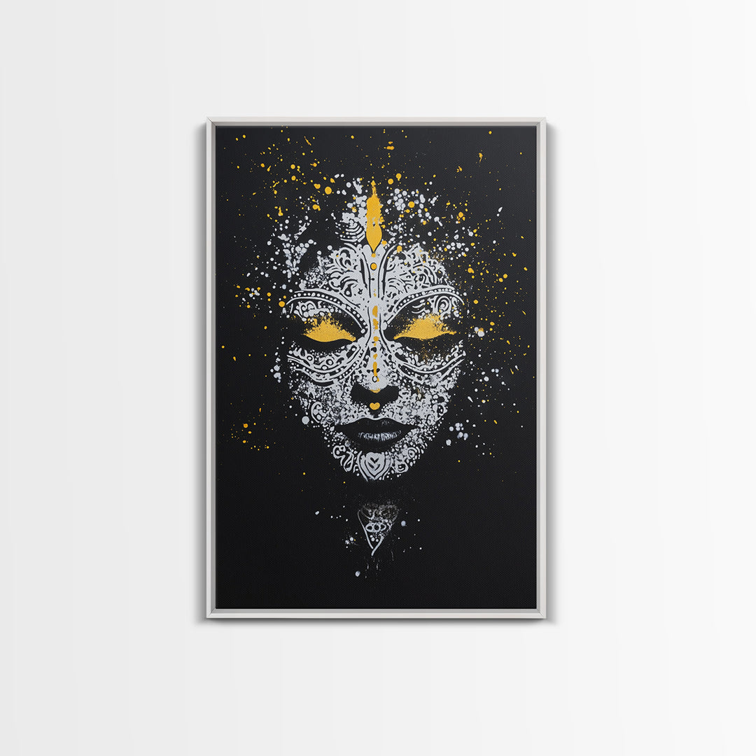 Demon Mask Gold Canvas Print, Tribal Wall Art, Real Wood Frame, Mythical Splatter Art, Cultural Home Decor Accent