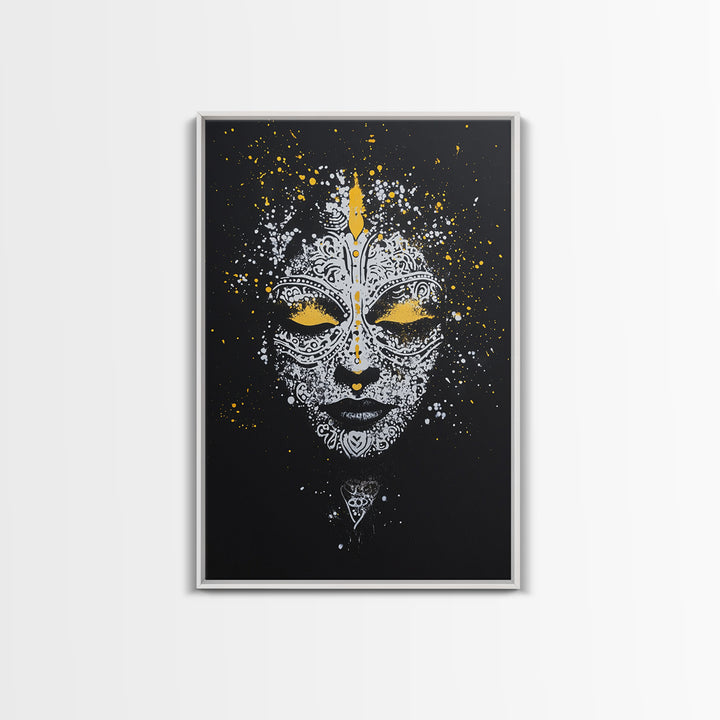 Demon Mask Gold Canvas Print, Tribal Wall Art, Real Wood Frame, Mythical Splatter Art, Cultural Home Decor Accent