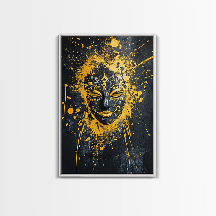 Sacred Mask Gold Canvas Print, Ethnic Wall Art, Real Wood Frame, Mystical Splatter Portrait, Tribal Inspired Home Decor