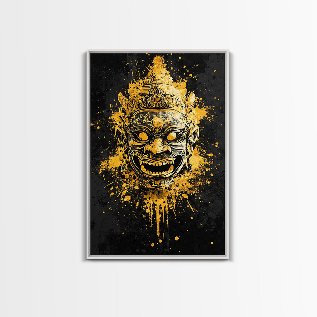 Ornamental Face Gold Canvas Print, Tribal Mask Wall Art, Real Wood Frame, Ethnic Splatter Decor, Cultural Portrait Artwork