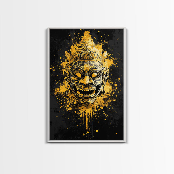 Ornamental Face Gold Canvas Print, Tribal Mask Wall Art, Real Wood Frame, Ethnic Splatter Decor, Cultural Portrait Artwork