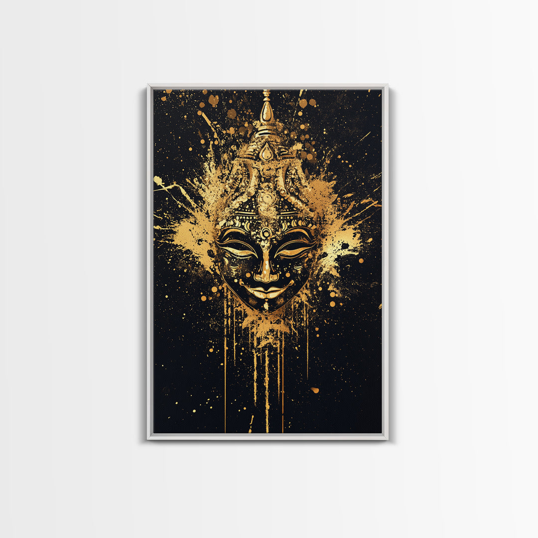 Decorative Mask Gold Canvas Print, Tribal Wall Art, Real Wood Frame, Splatter Abstract Portrait, Ethnic Cultural Accent