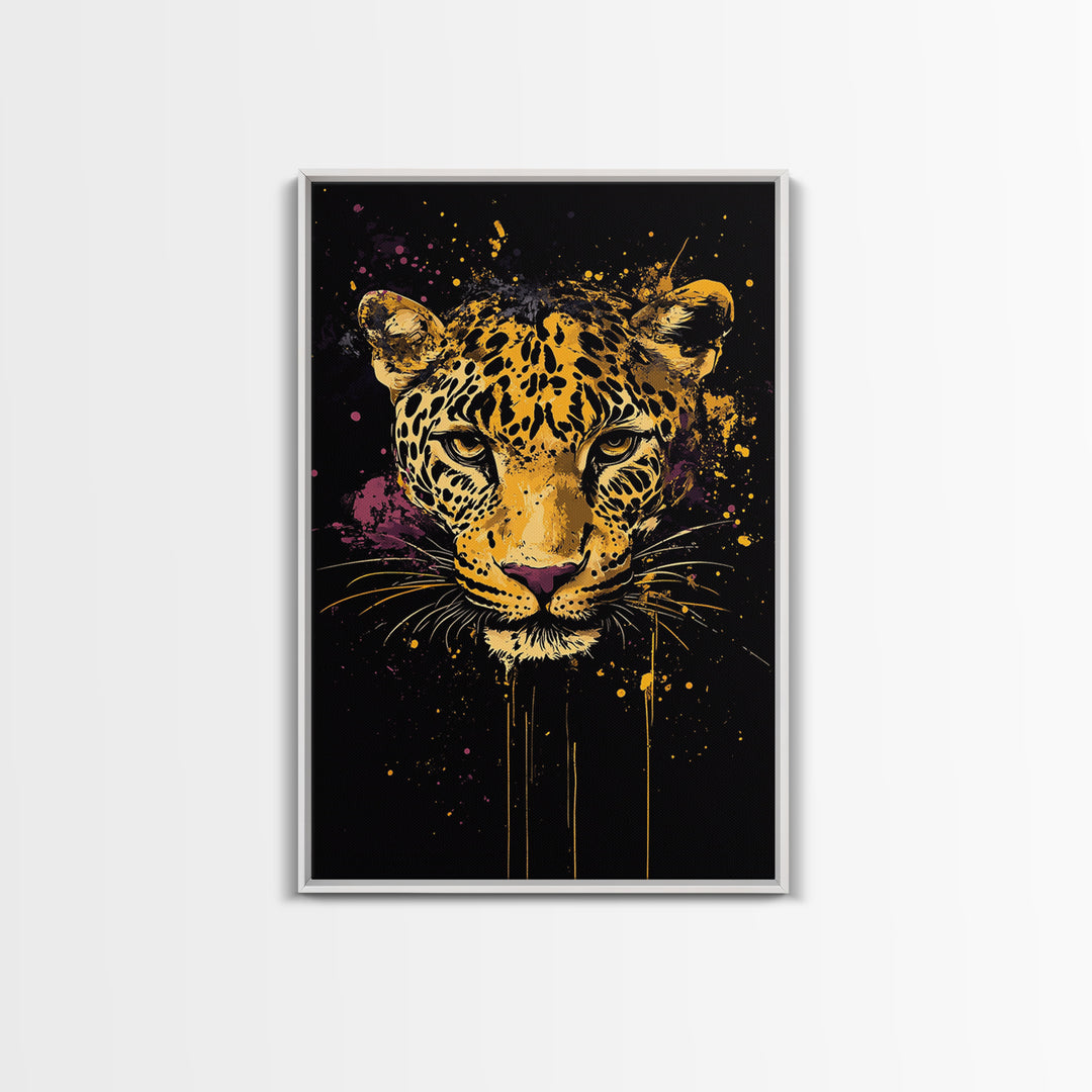 Leopard Portrait Gold Canvas Print, Tribal Animal Art, Real Wood Frame, Splatter Wildlife Decor, Bold Exotic Jungle Artwork
