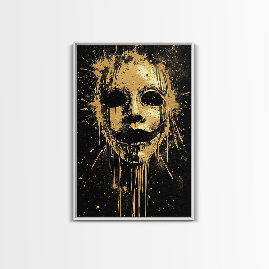 Tribal Mask Splatter Art, Gold Canvas Print, Abstract Ethnic Wall Decor, Real Wood Frame, Modern Warrior Artwork