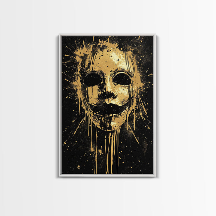Tribal Mask Splatter Art, Gold Canvas Print, Abstract Ethnic Wall Decor, Real Wood Frame, Modern Warrior Artwork