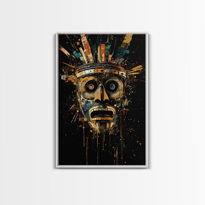 Abstract Splatter Mask Face, Gold Canvas Print, Modern Tribal Wall Art, Real Wood Frame, Contemporary Statement Decor
