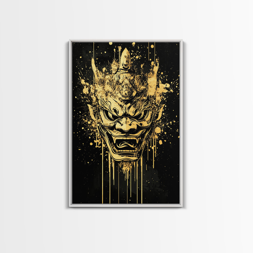 Mythical Demon Splatter Mask, Gold Canvas Print, Bold Wall Art, Real Wood Frame, Fierce Cultural Decor