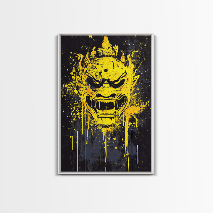 Sacred Mask Splatter Art, Gold Canvas Print, Ethnic Spiritual Wall Decor, Real Wood Frame, Mystical Warrior Artwork