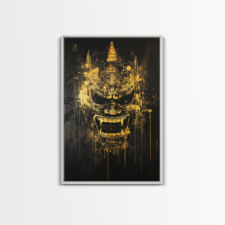 Ornate Splatter Face Mask, Gold Canvas Print, Abstract Cultural Wall Art, Real Wood Frame, Detailed Tribal Artwork