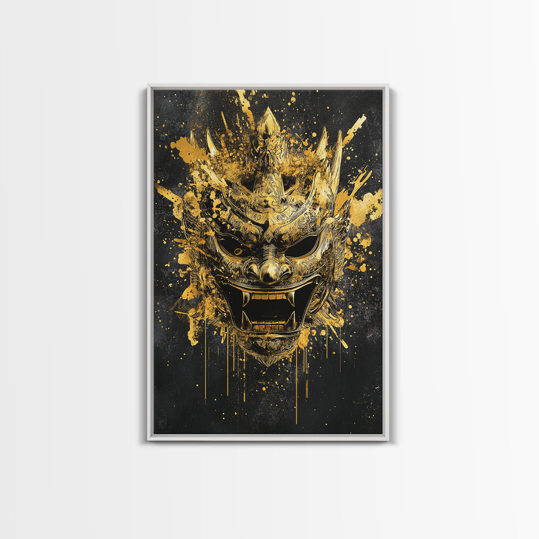Decorative Tribal Splatter Mask, Gold Canvas Print, Modern Ethnic Wall Decor, Real Wood Frame, Bold Statement Artwork
