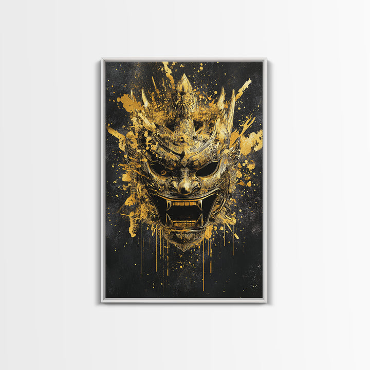 Decorative Tribal Splatter Mask, Gold Canvas Print, Modern Ethnic Wall Decor, Real Wood Frame, Bold Statement Artwork