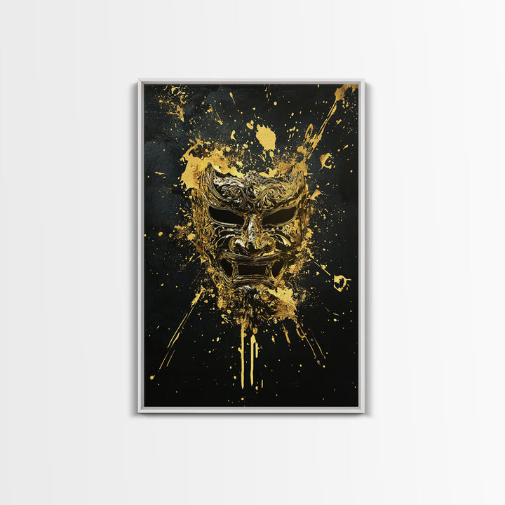 Fierce Demon Mask Gold Canvas Print, Splatter Art Wall Decor, Mythical Wall Art, Real Wood Frame, Tribal Home Accent