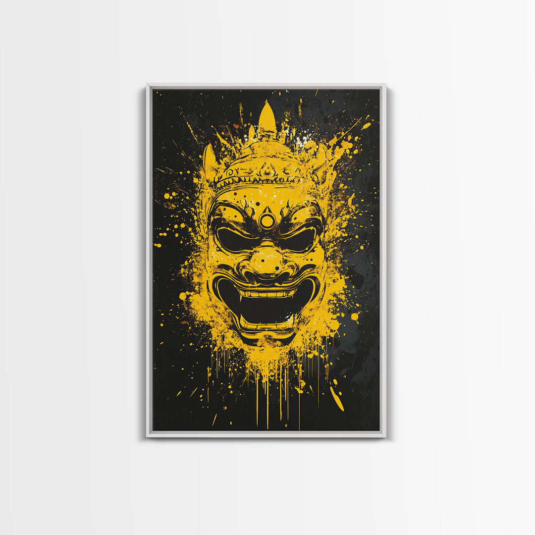Ancient Warrior Mask Gold Canvas Print, Splatter Style Wall Decor, Bold Wall Art, Real Wood Frame, Mythical Home Accent