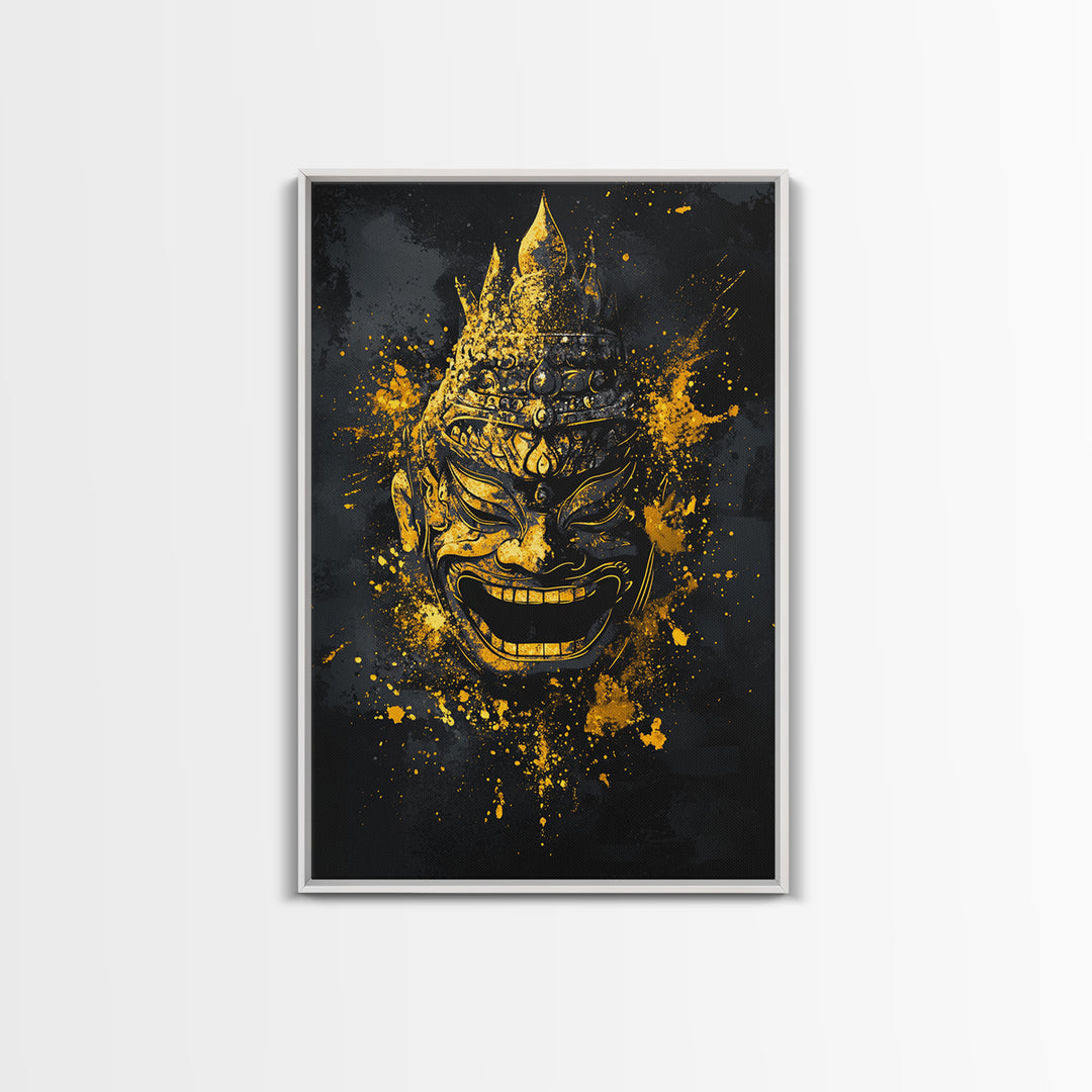 Mythical Demon Mask Gold Canvas Print, Splatter Style Wall Decor, Tribal Inspired Wall Art, Real Wood Frame, Bold Home Accent