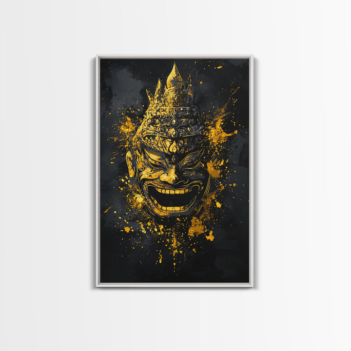 Mythical Demon Mask Gold Canvas Print, Splatter Style Wall Decor, Tribal Inspired Wall Art, Real Wood Frame, Bold Home Accent