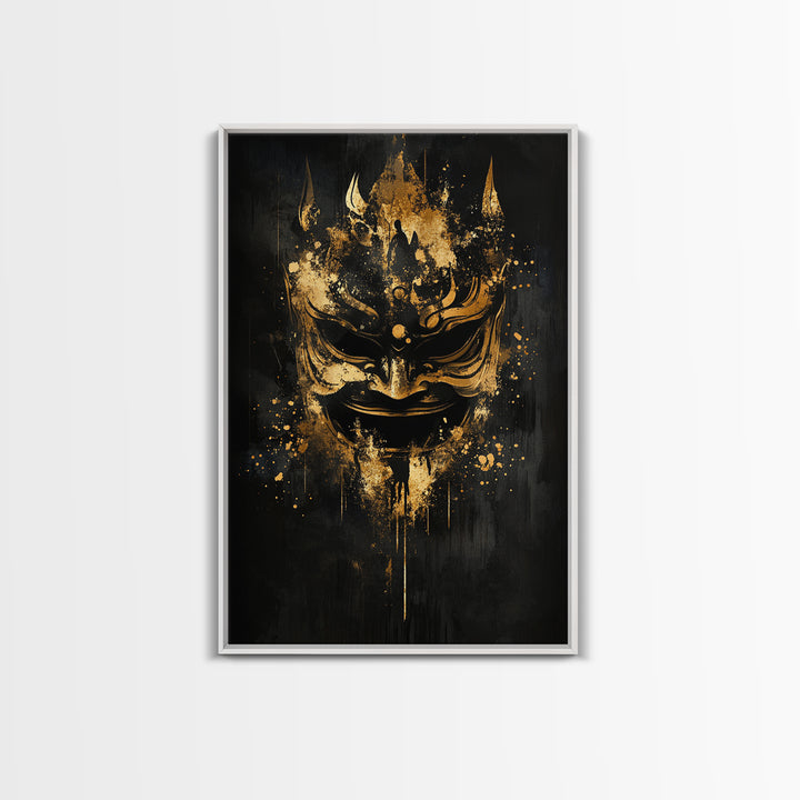 Vibrant Demon Face Gold Canvas Print, Splatter Art Wall Decor, Tribal Mythical Mask, Real Wood Frame, Bold Home Accent