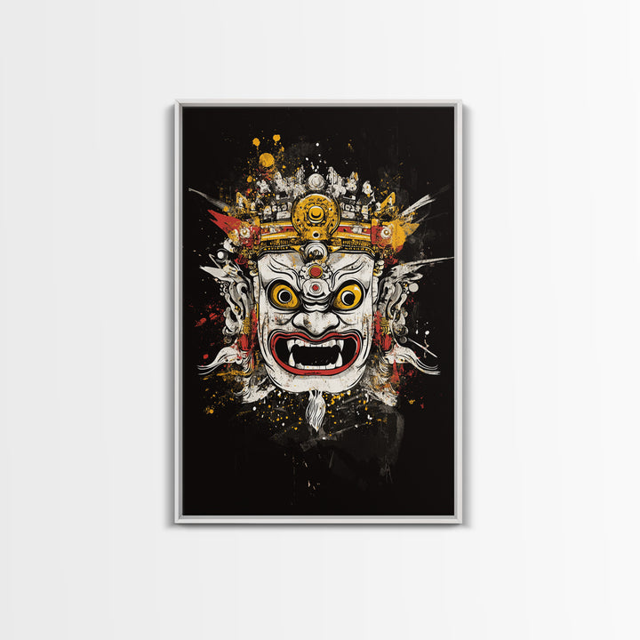 Balinese Mask Gold Canvas Print, Splatter Art Wall Decor, Mythical Cultural Wall Art, Real Wood Frame, Tribal Home Accent