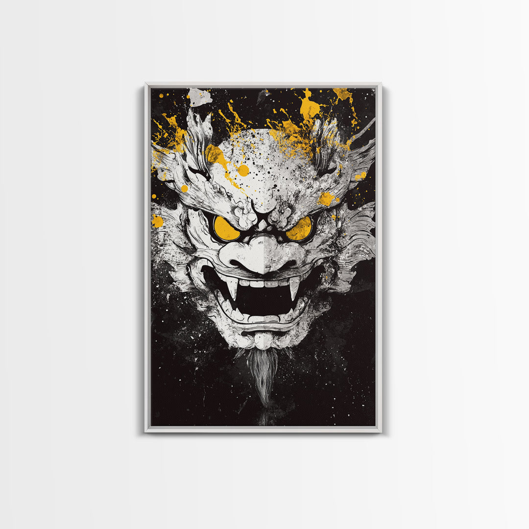 Dragon Demon Face Gold Canvas Print, Splatter Style Wall Decor, Fierce Mythical Mask Art, Real Wood Frame, Tribal Home Accent