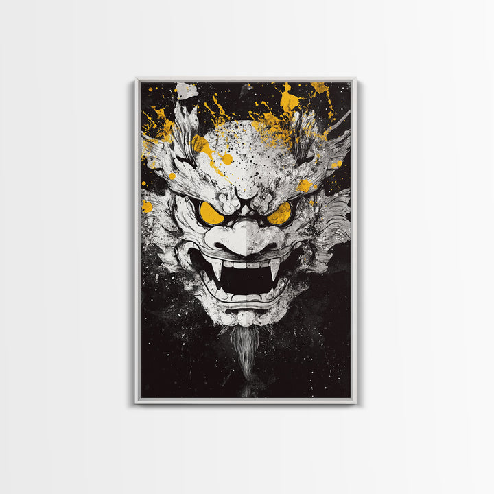 Dragon Demon Face Gold Canvas Print, Splatter Style Wall Decor, Fierce Mythical Mask Art, Real Wood Frame, Tribal Home Accent