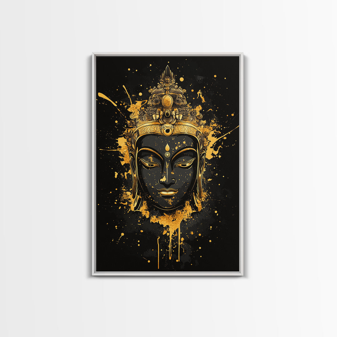 Buddha Head Gold Canvas Print, Sacred Splatter Style Wall Decor, Spiritual Wall Art, Real Wood Frame, Tranquil Home Accent