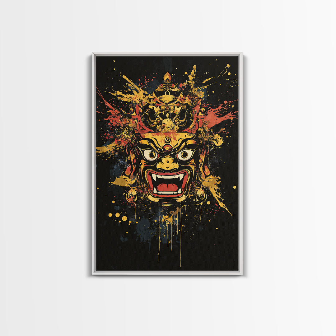 Fierce Mask Gold Canvas Print, Splatter Art Wall Decor, Bold Tribal Mythical Face Art, Real Wood Frame, Statement Home Accent