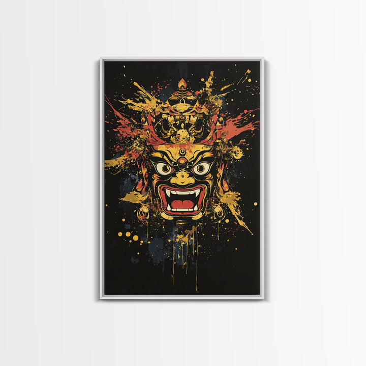 Fierce Mask Gold Canvas Print, Splatter Art Wall Decor, Bold Tribal Mythical Face Art, Real Wood Frame, Statement Home Accent