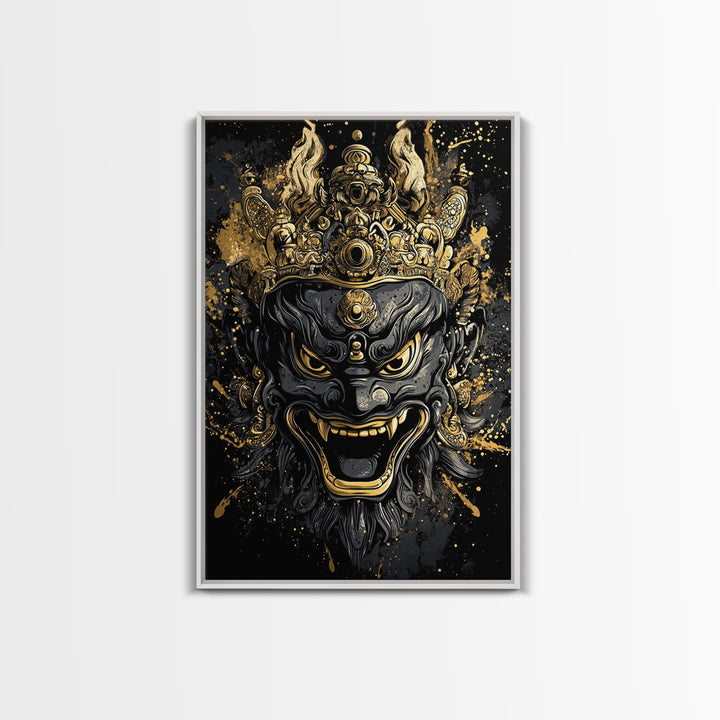 Intricate Demon Mask Gold Canvas Print, Splatter Style Wall Decor, Fierce Mythical Face Art, Real Wood Frame, Tribal Accent
