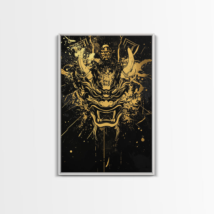 Samurai Demon Mask Gold Canvas Print, Splatter Style Wall Decor, Warrior Inspired Wall Art, Real Wood Frame, Tribal Home Accent