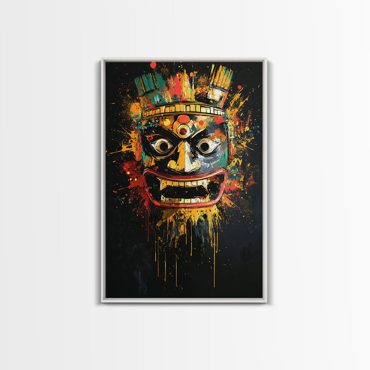 Aztec Warrior Mask Gold Canvas Print, Tribal Wall Art, Splatter Style Decor, Real Wood Frame, Bold Statement Piece