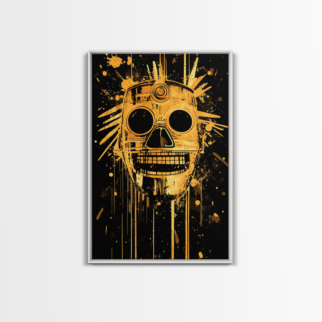 Inca Sun God Mask Gold Canvas Print, Ancient Tribal Wall Art, Splatter Ink Style, Real Wood Frame, Bold Home Decor