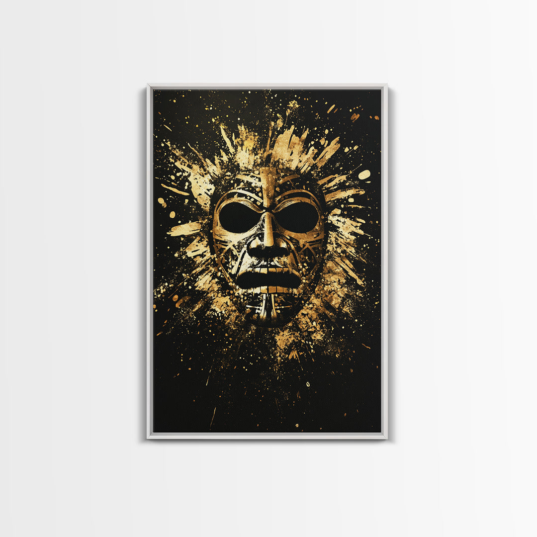 Mayan Ritual Mask Gold Canvas Print, Ancient Tribal Wall Art, Splatter Paint Style, Real Wood Frame, Bold Statement Decor