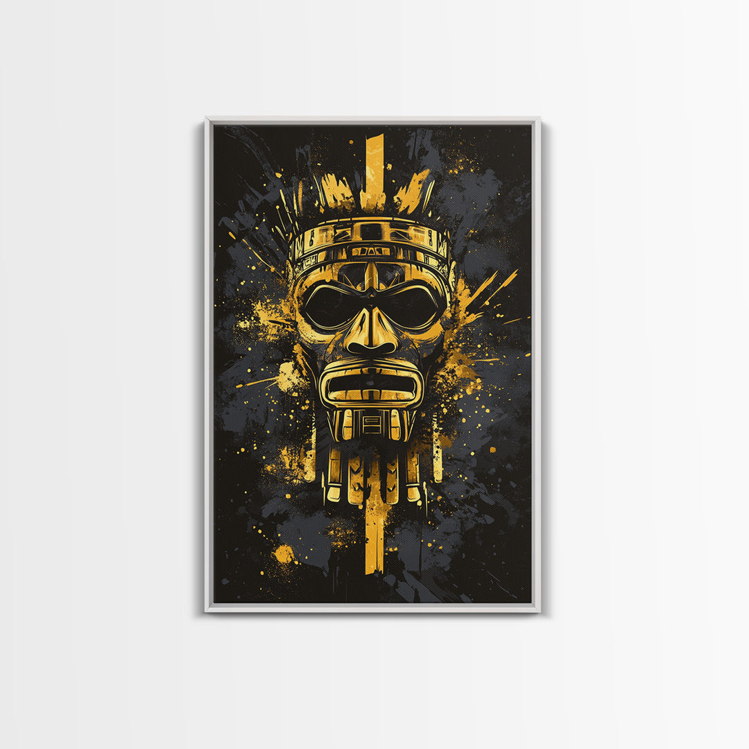 Aztec Chief Mask Gold Canvas Print, Tribal Heritage Wall Art, Splatter Ink Style, Real Wood Frame, Striking Home Accent