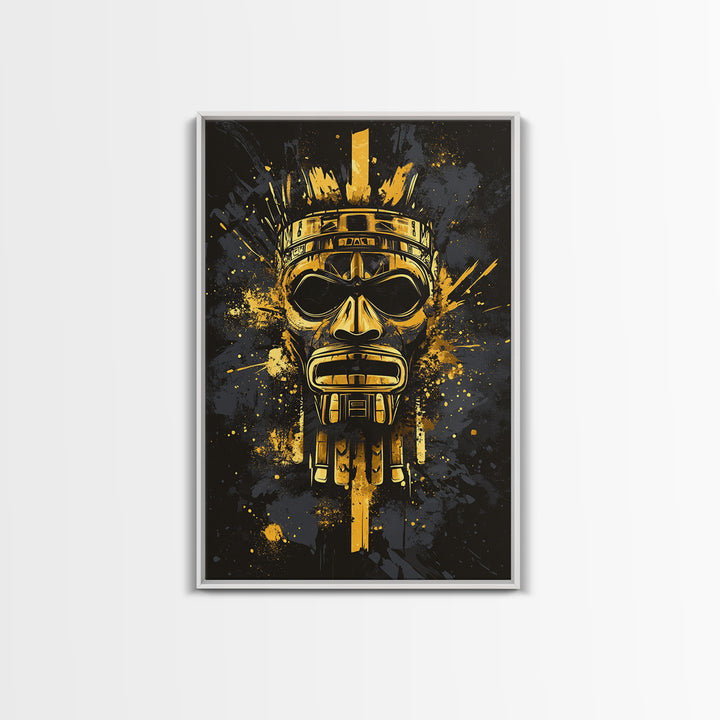 Aztec Chief Mask Gold Canvas Print, Tribal Heritage Wall Art, Splatter Ink Style, Real Wood Frame, Striking Home Accent