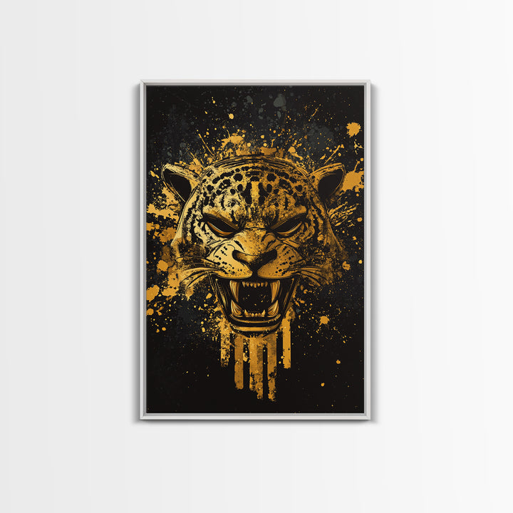 Jaguar Warrior Gold Canvas Print, Aztec Animal Spirit Wall Art, Splatter Ink Style, Real Wood Frame, Fierce Tribal Decor