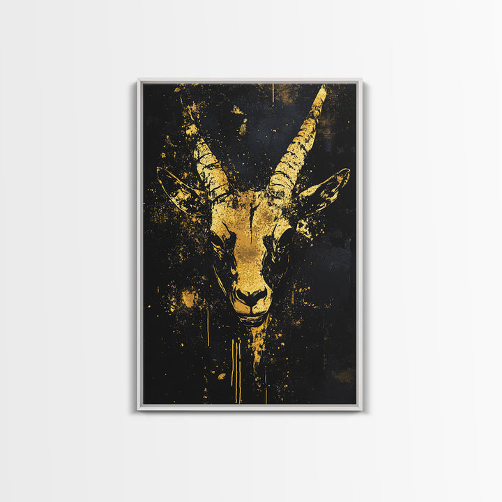 Antelope Spirit Gold Canvas Print, Tribal Wildlife Wall Art, Splatter Style Ink, Real Wood Frame, Minimalist Statement Decor