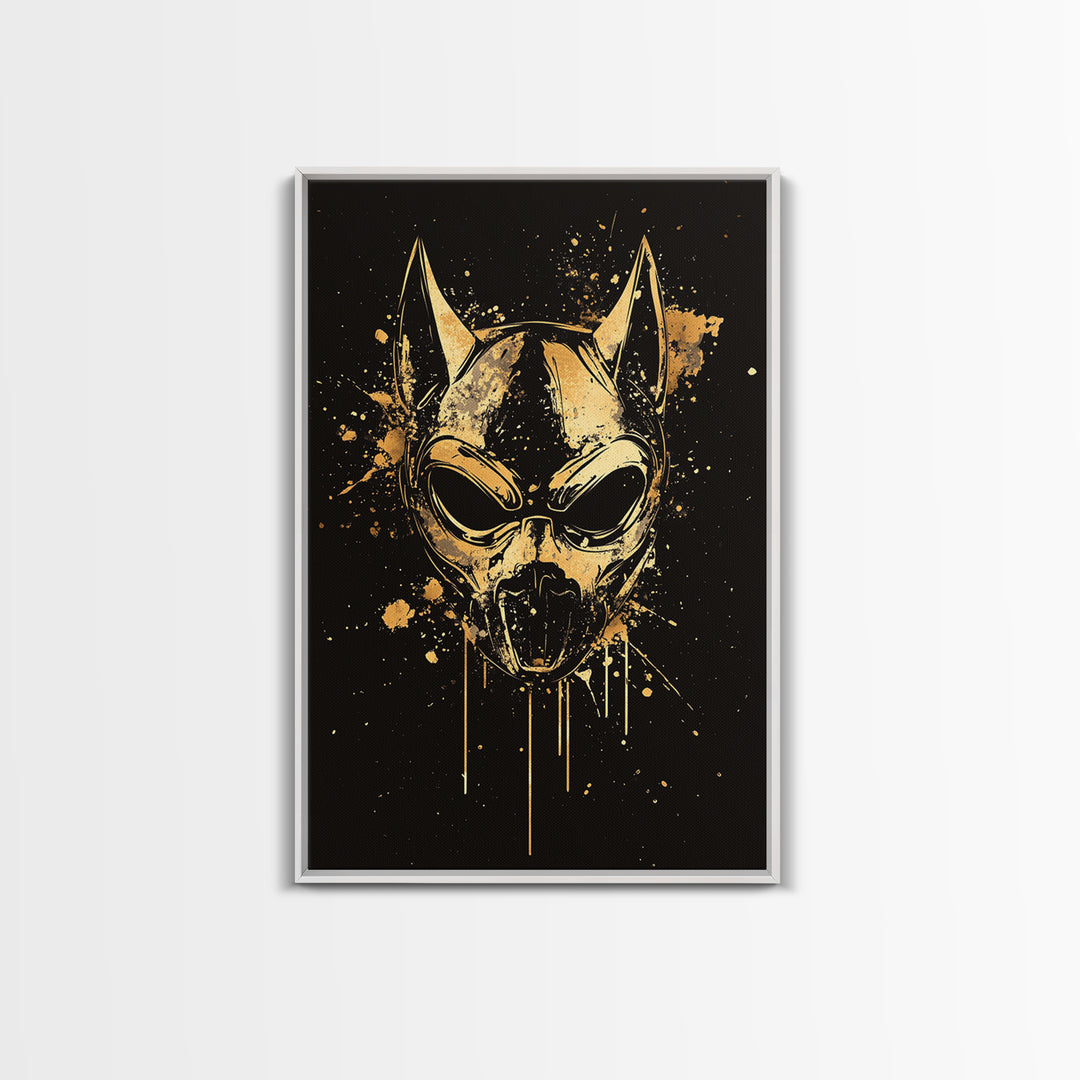 Dog Spirit Mask Gold Canvas Print, Tribal Guardian Wall Art, Splatter Style Ink, Real Wood Frame, Fierce Bold Home Decor