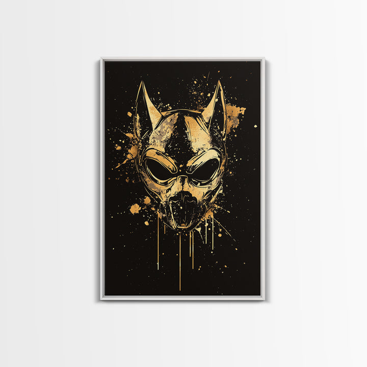 Dog Spirit Mask Gold Canvas Print, Tribal Guardian Wall Art, Splatter Style Ink, Real Wood Frame, Fierce Bold Home Decor