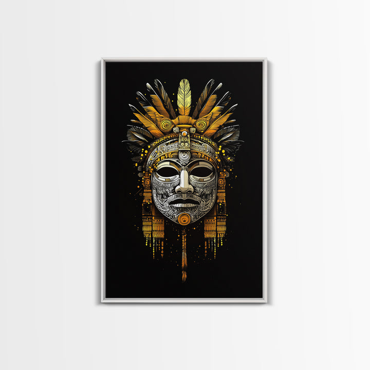Aztec Feathered Mask Gold Canvas Print, Ornate Tribal Face Art, Ethnic Wall Hanging Decor, Real Wood Frame