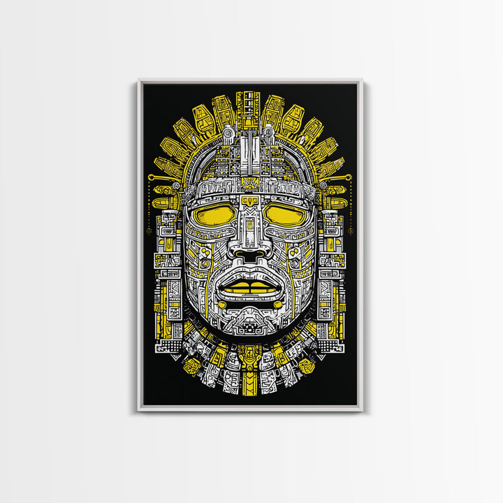 Aztec Sun Mask Gold Canvas Print, Bold Tribal Face Artwork, Ancient Splatter Style Wall Decor, Real Wood Frame