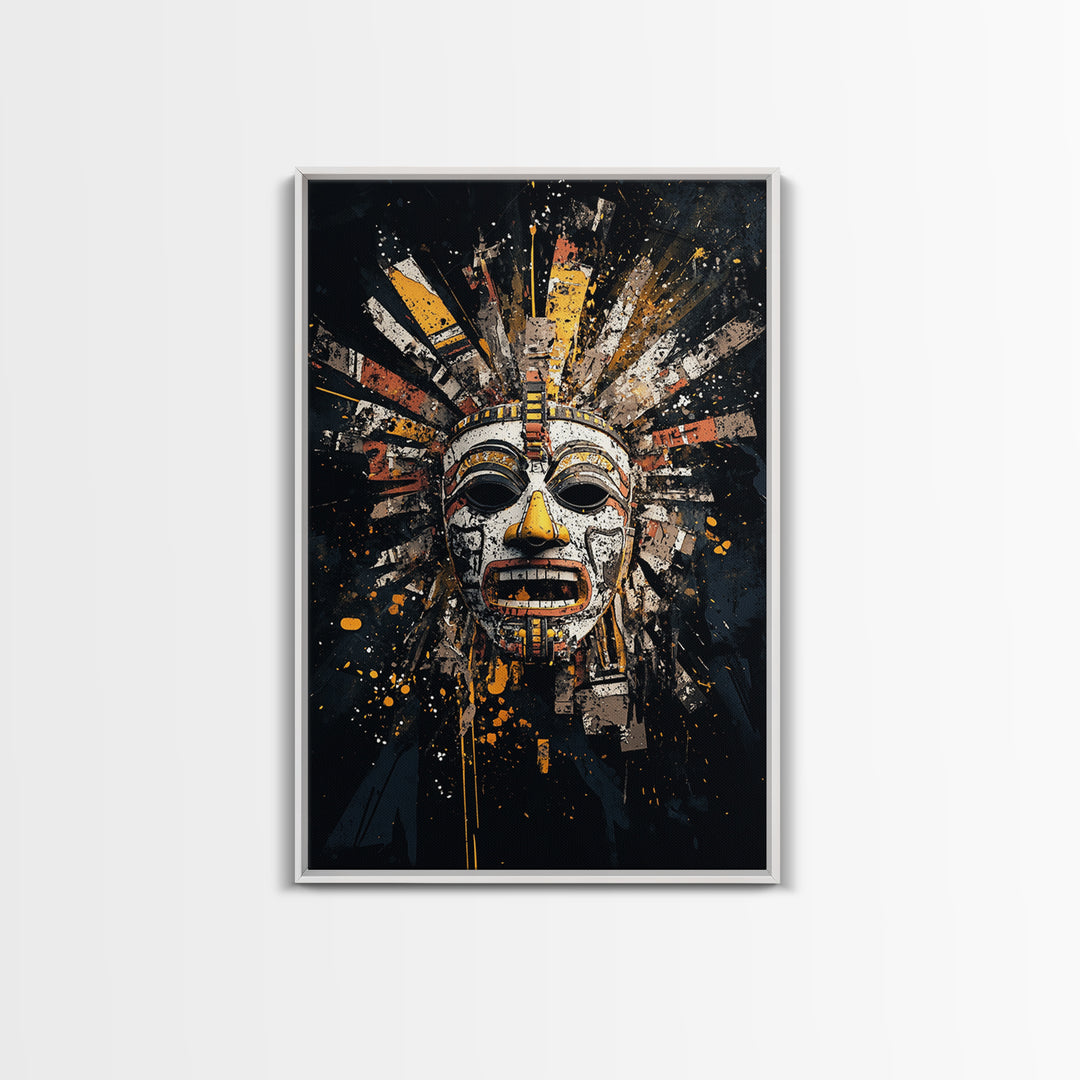 Aztec Feather Headdress Gold Canvas Print, Ornate Tribal Face Artwork, Mythic Wall Decor, Real Wood Frame