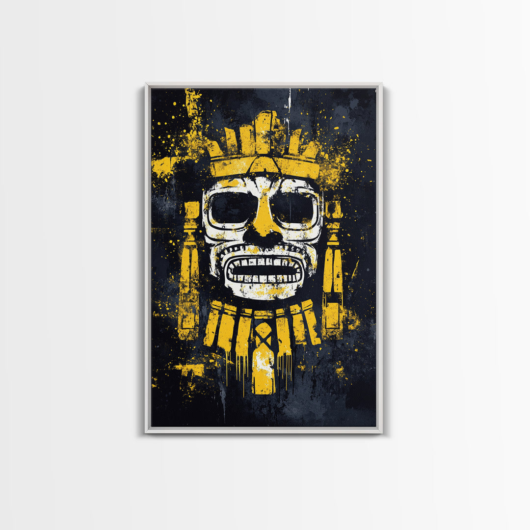 Aztec Feathered Warrior Gold Canvas Print, Ornate Tribal Face Artwork, Ancient Wall Decor, Real Wood Frame