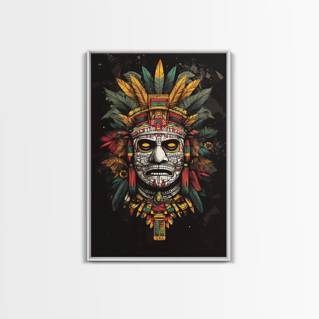 Aztec Sun God Mask Gold Canvas Print, Ornate Tribal Face Artwork, Ancient Mythic Wall Hanging Decor, Real Wood Frame