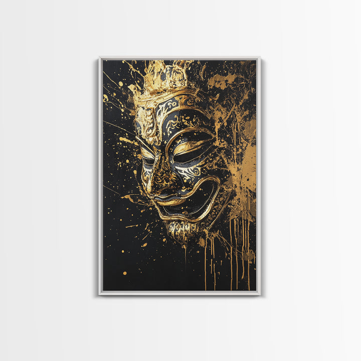 Traditional Mask Gold Canvas Art, Intricate Wall Art, Cultural Spirit Artwork, Real Wood Frame, Unique Splatter Pattern Home Decor