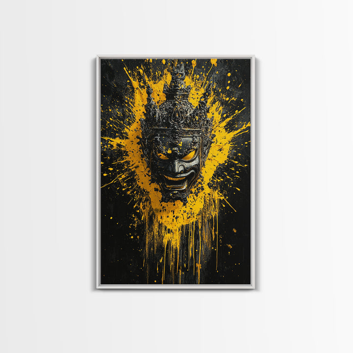 Tribal Mask Gold Canvas Print, Modern Splatter Art, Cultural Wall Decor, Bold Tribal Artwork, Real Wood Framed