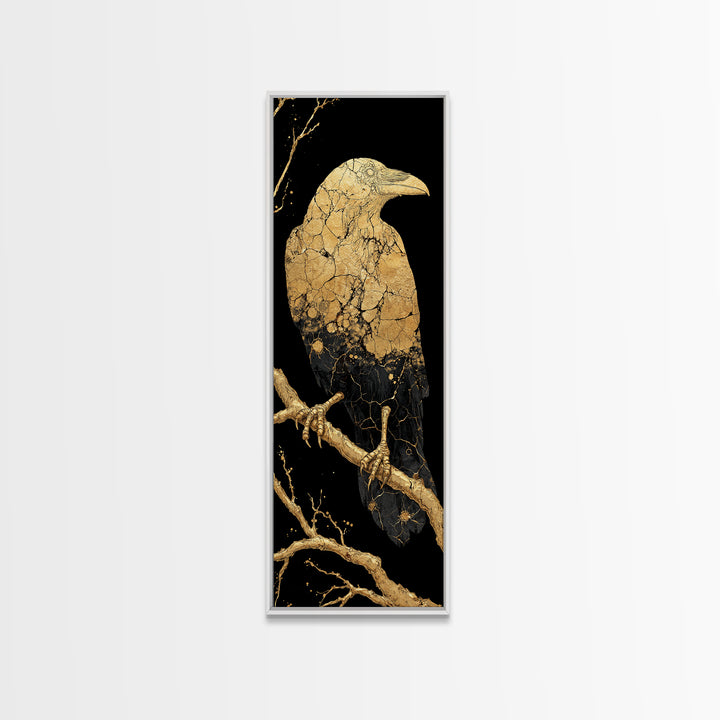 Odin’s Raven Huginn Canvas Gold Art Canvas Art, Norse Mythology Viking Wall Decor for Office or Man Cave, framed with real wood