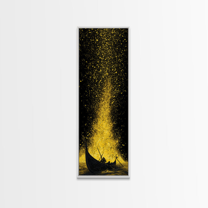 Viking Funeral Ship Canvas Gold Art Canvas Art, Norse Mythology Wall Decor for Dad Gift or Office, framed in rustic wood